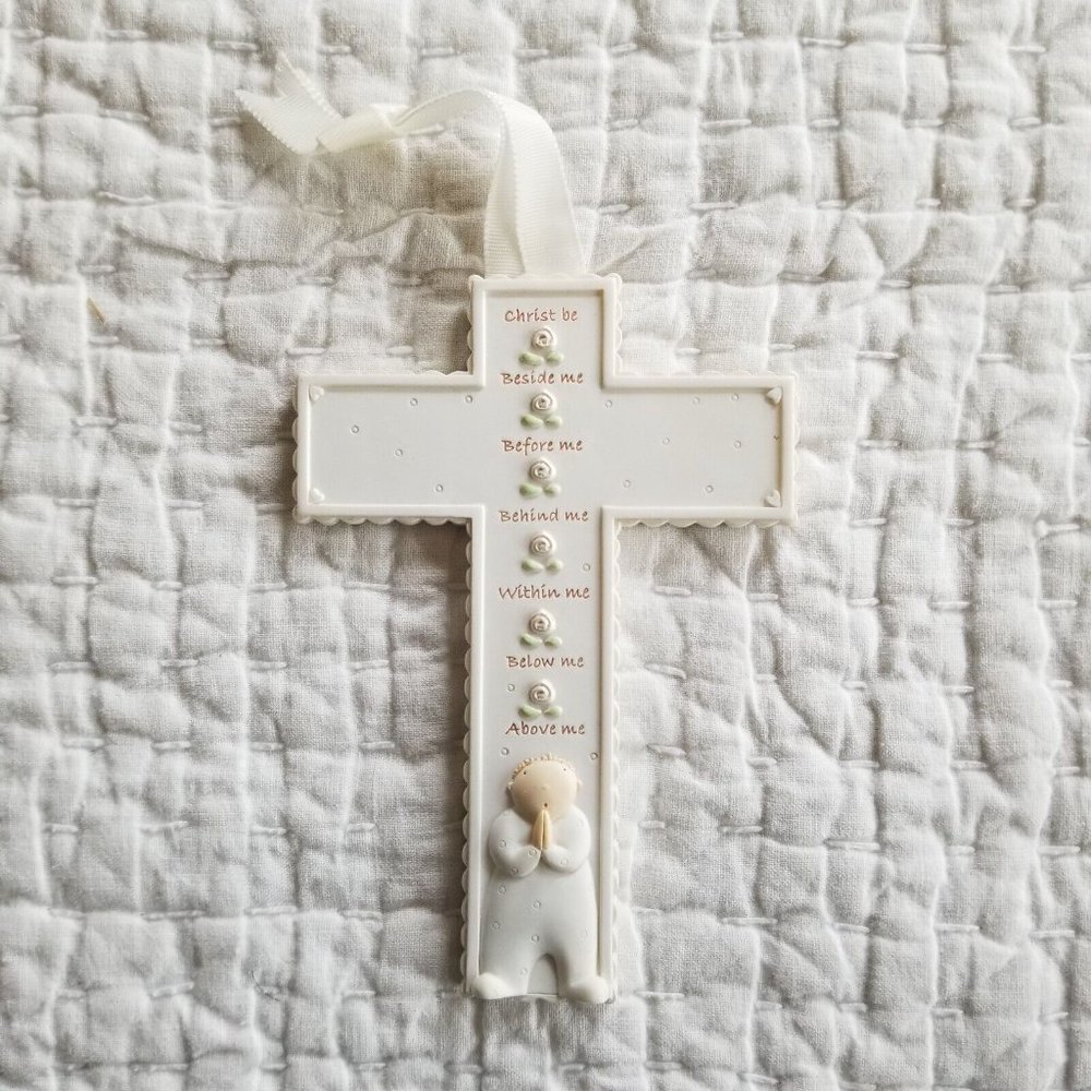 Demdaco White Scalloped Cross Baby Nursery Wall Hanging
